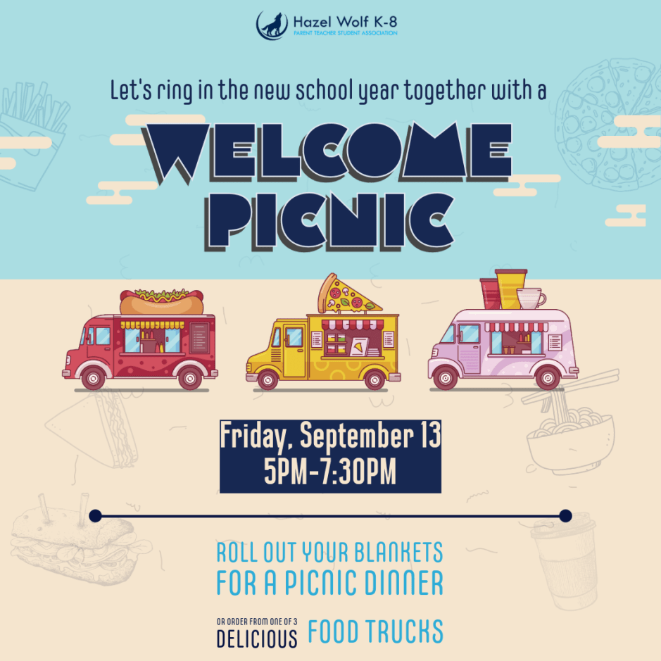 Banner with three food trucks and the text that reads "Welcome Picnic, Friday 9/13, 5pm-7:30pm"