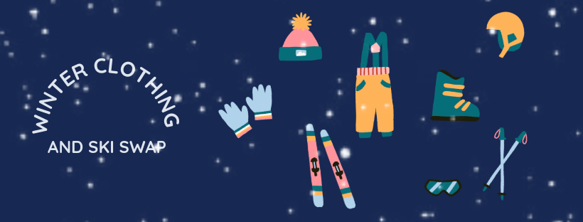 Digital drawings of winter clothing and equipment and the words "Winter Clothing and Ski Swap"