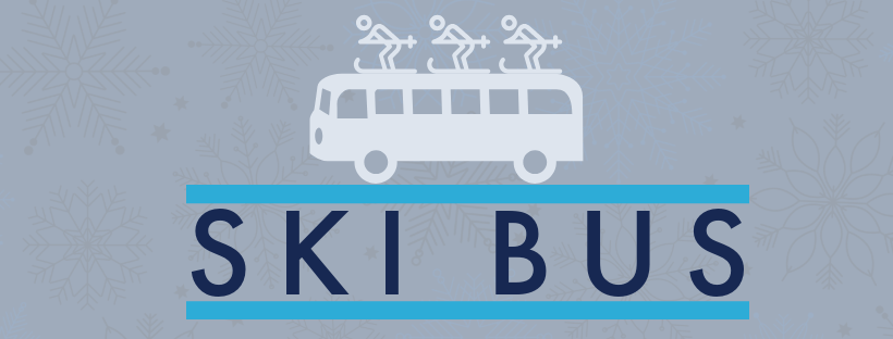 Digital illustration of three figures skiing on top of a school bus. Below are the words "Ski Bus"
