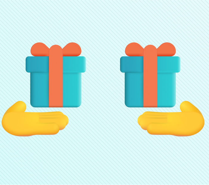 Digital image of two hands, each holding a gift box.