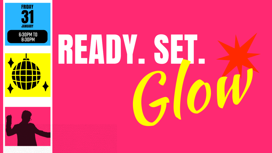 Banner with silhouettes of a disco ball and a dancing person and the text "Ready. Set. Glow".
