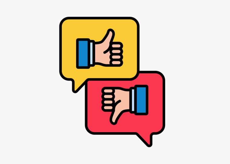 A thumbs up icon in a speech bubble and a thumbs down icon in a speech bubble