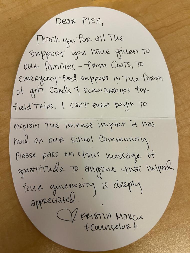 A note from the school counselor thanking the PTSA for all the support.